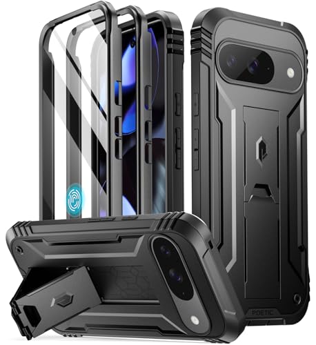 Poetic Revolution Case for Google Pixel 9/9 Pro 5G, Built-in Screen Protector Work with Fingerprint ID, Full Body Military Grade Rugged Shockproof Protective Cover Case with Kickstand, Black