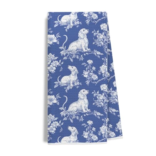 Image of Chinoiserie Dachshund Kitchen Towels, Dachshund Weiner Dog Lover Gifts Dish Tea Towels for Kitchen Decor, Grandmillennial Weiner Dog Decorative Hand Towels for Bathroom, 16x24 Inch