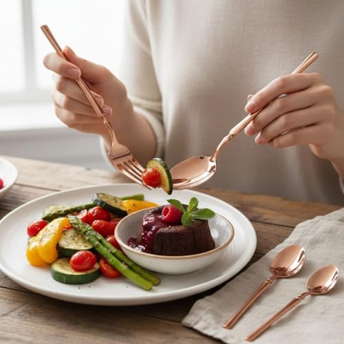 Image of 25 Pcs Rosegold Cutlery Set for Dining Table the Perfect Lightweight Silim Handle Tableware Including Dinner Spoon, Dinner Fork, Dinner Knife, Dessert Spoon & Dessert Fork