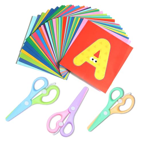 Toddler Safety Scissors Kit- 40 Pcs Paper Cuttings, 3 Pcs Blunt Tip Cute Plastic Kid Scissors Art Craft Scissors for School Paper Craft Supplies