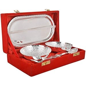 Richi Rich Silver and Gold Plated Brass Bowl and Tray Set of 5 Pcs, Floral