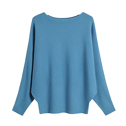 Image of Blostirno Women's Boat Neck Batwing Sleeves Dolman Ribbed Knitted Sweaters Pullovers Tops