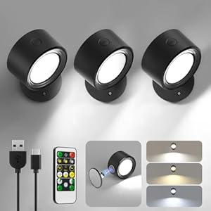 Lightbiz LED Wall Mounted Lights 3 Pcs with Remote, Wall Sconces Lamp 3000mAh Rechargeable Battery Operated, 3 Color Temperatures & Dimmable Magnetic 360° Rotation Cordless Light for Bedroom Bedside