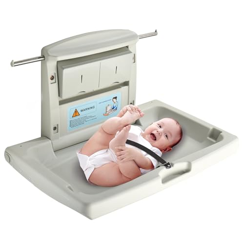 Fold-Down Baby Changing Station - Wall-Mounted Space-Saving Design with Safety Straps for Commercial & Residential Restrooms (Horizontal Version)