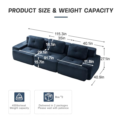 Image of 117 inch Oversized 3 Seater Modular Boneless Couch, Durable Corduroy Fabric, Deep Seat Cloud sectional Sofa with Buckle Connection and Tufted Detail, No Assembly, Anti Slip, Blue