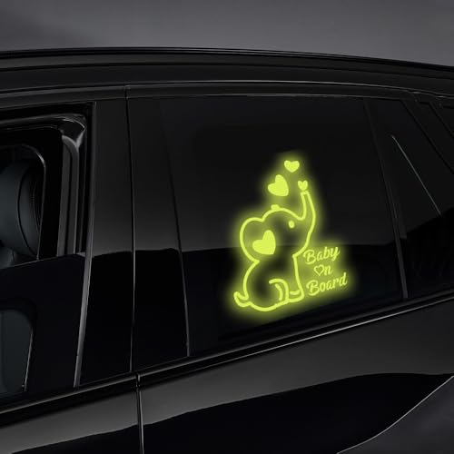 Image of High Intensity Reflective Baby on Board Car Decal Cartoon Cute Elephant Kids on Board Car Sticker Waterproof Safety Warning Decal Baby in Car Sticker (Fluorescent Green)