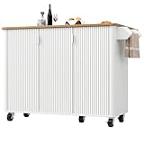 Zenithz Isla de cocina XXL blanca (130 cm) con encimera plegable en aspecto de madera, gran carrito de cocina con ruedas, 3 puertas con estantes integrados para puertas (tabla para especias), toallero