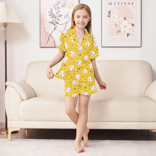 Baseballs Yellow Pattern Summer Satin Pajama Set, Cute Button-Down Sleepwear Pj Set for Sleep Wears3