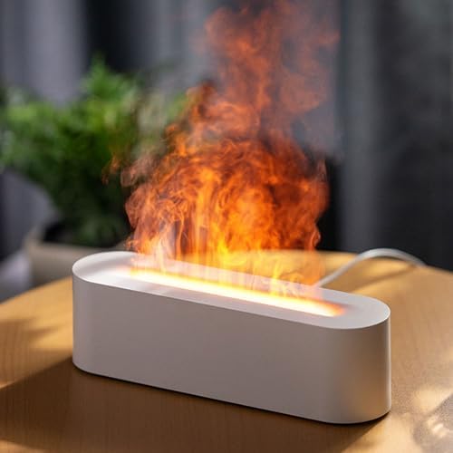 Difusor Aceites Esenciales con Efecto Llama, Humidificador Aceites Esenciales con 7 Colores de Luces LED, 4 Temporizadores y Apagado Automático Sin Agua, Difusor de Aromas para Hogar, Oficina (Blanco)