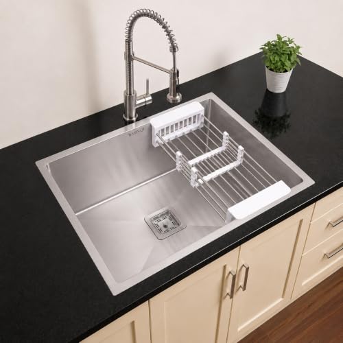 Image of Kitchen Sink 24x24x10 Inch Single Bowl Handmade Noise Reducing Sink for Kitchen Basin 304 Stainless Steel Brushed Matte Finish Including Coupling Fruit Tray Hose Pipe Kitchen Sinks