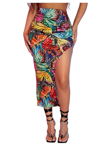 Floerns Women's Butterfly Print Long Skirt Ruched High Waist Slit Bodycon Skirt