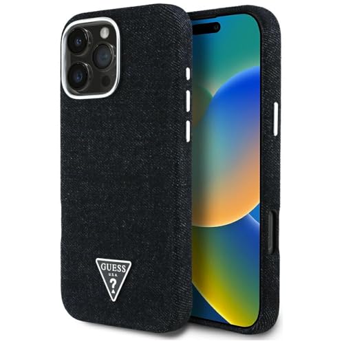 CG MOBILE Guess Denim - Logo triangle - Compatible avec MagSafe - Coque pour iPhone 16 Pro Max - Noir