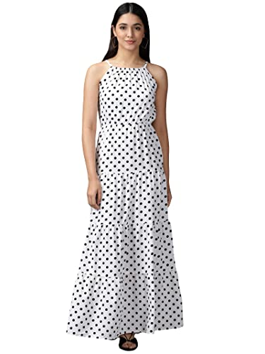 Image of SHOWOFFFF Women Printed Fit and Flare Casual Dress | Halter Neck Sleeveless Cotton Dress for Womens | Maxi Dress for Women's