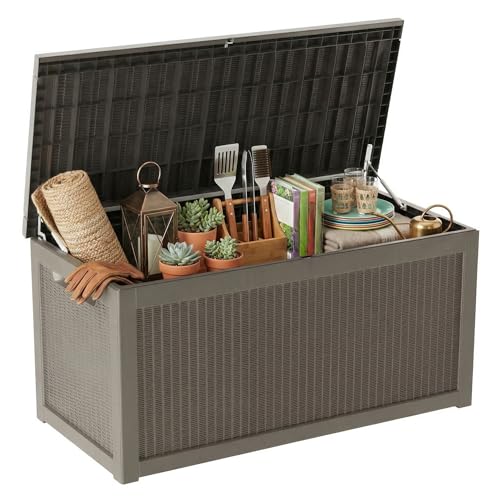 Image of 265 Gallon Resin Deck Box Outdoor Storage Chest, Large Waterproof Patio Storage Box, All-Weather Garden Storage Container for Cushions, Pool Supplies, Yard Tools - Easy Assembly, Lockable Lid