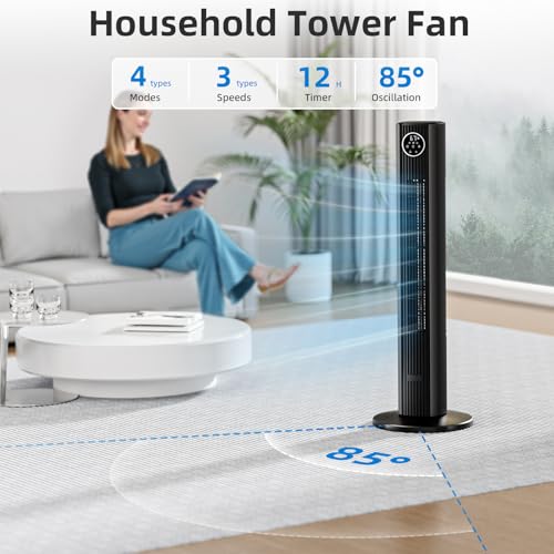 Image of Antarctic Star Tower Fan Portable Floor Fans 85Oscillating Fan Quiet Cooling 12H Timer Remote Control Standing Bladeless Electric 3 Wind Speeds 4 Modes Bedroom Office,36 inch, Grey