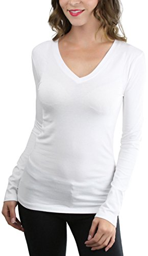 ToBeInStyle Women's Basic V-Neck Long Sleeve Tee - White - Large