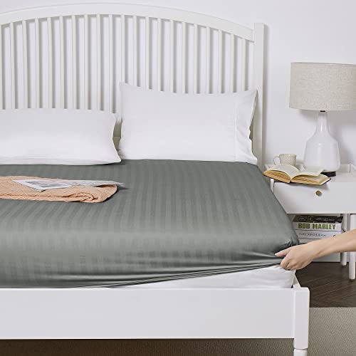 Fitted Sheet Double 25cm Soft Brushed Microfiber with Satin Stripes Fade Resistant Easy Care Breathable Bed Sheets (Dark… - Image 4