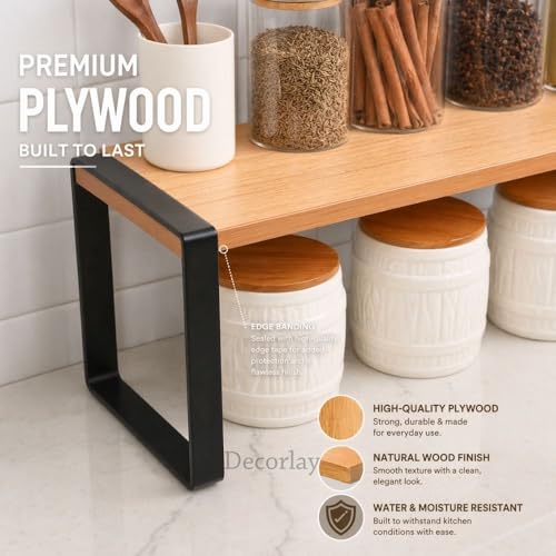 Image of Decorlay Metal & Wooden Spice Rack Organizer Space Saver Counter-top Storage for Kitchen, Bathroom, Office, and Cosmetics (Black + Beech, Single - Tier)
