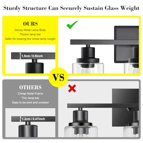 Image of Ascher Bathroom Vanity Light Fixtures, 3 Light Wall Sconces Lighting with Clear Glass Shade, Black Wall Lights for Mirror, Kitchen, Living Room, Gallery, Hallway, E26 Base (Bulbs Not Included)