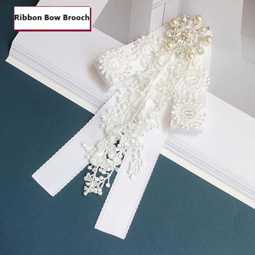 Image of Lace Ribbon Bow Tie Brooch Rhinestone Pearl Necktie for Girl Women Fashion jabot collar brooch pins Pre-Tied Corsage