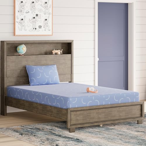 Image of Signature Design by Ashley Full Size iKidz 7 Inch Firm Gel Memory Foam Mattress with Stretch Knit Cover & Pillow Included, Blue Ocean, Fiberglass-Free, Mattress in A Box