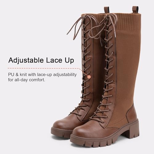 Image of Vepose Women's 953 Knee High Combat Boots Chunky Platform Heel, Lace Up Gothic Punk Work Boots for Dresses and Jeans