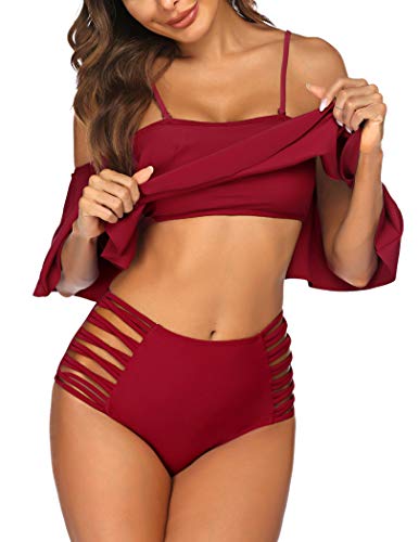 ADOME-Damen-Badeanzug-Schulterfrei-Rueschen-Bikini-Sets-Zweiteilige-Bademode-mit-Hoher-Taille-Strandkleidung