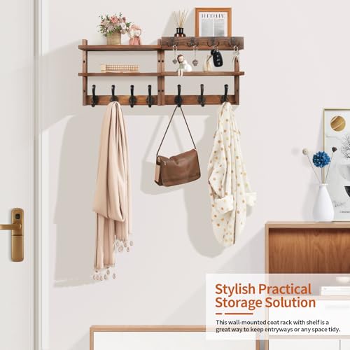 Image of 29 inch Coat Rack Wall Mount with Shelf, Pine Two-Tier Wall Shelf Mounted Coat and Key Hanger with 7 Heavy Duty Hooks 4 Key Hooks, Entryway Key Holder with Mail Holder for Bedroom,Living Room (Brown)