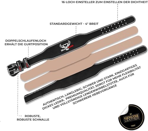 BEAST RAGE Gewichthebergürtel, Leder, strapazierfähig, Fitnessstudio, Bodybuilding, Workout, Training, Gewichthebergürtel, 10 verstellbare Löcher, 10,2 cm, gepolsterte (Schwarz, M)