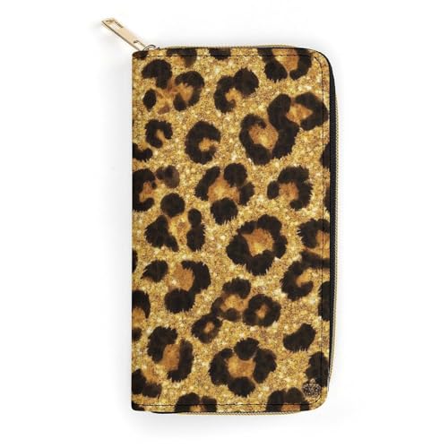 Women's Cute Decor Wallet, Long PU Zipper Wallet, Travel Purse Fashion Design, Huge Storage Capacity Purse Black Gold Glitter Wild Chic Animal Cheetah Leopard Ptint