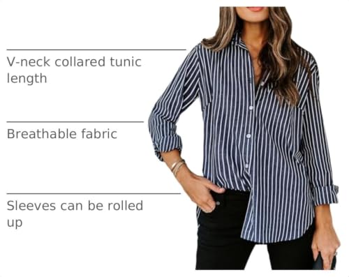 Image of siliteelon Striped Button Down Shirts Women Cotton Long Sleeve Work Blouses