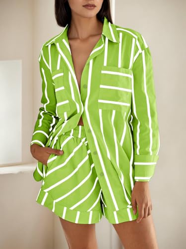 Image of Tankaneo Womens Striped 2 Piece Outfits Button Down Shirts and Shorts Lounge Matching Sets