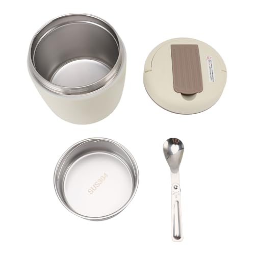 Jenngaoo Termo Alimentos Vacío Acero Inoxidable 304, Contenedor Comida Térmico con Cuchara, Capacidad Generosa, Boca Ancha para Sopas, Ensaladas, Comida Caliente de Oficina, Campin (Marfil blanco