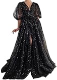 Women Sparkle Starry Tulle A-line Prom Dresses Half Sleeves V-Neck Party Evening Gowns Slit Long Formal Dress Black-16W