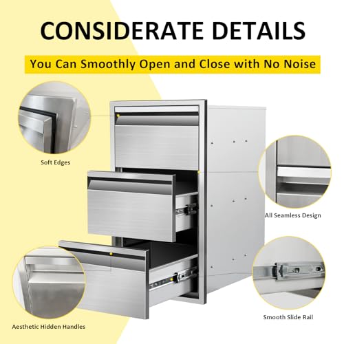 Image of Outdoor Kitchen Drawers 14 inch W x 25.4 inchH x 21 inchD Triple BBQ Drawers Stainless Steel Built-in Drawer for Outdoor Kitchen Island, Patio Grill Station