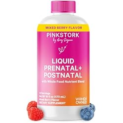 Pink Stork Liquid Prenatal Vitamins for Women - Berry Flavor Organic Food Blend - Fertility, Pregnancy, Postpartum Essentials - Morning Sickness Support - Breastfeeding & Lactation - 32 Servings