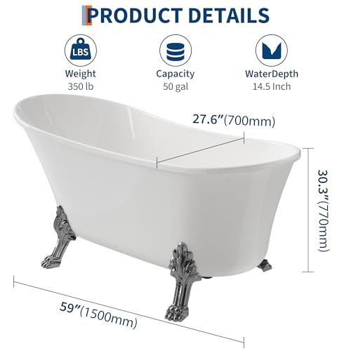 Image of GarveeLife Freestanding Slipper Clawfoot Bathtub 59 inch - Heavy Duty Acrylic Soaking Tub with Chrome Feet, Drain & Overflow, Elegant Vintage Design for Relaxing Home Spa and Bathroom Remodels