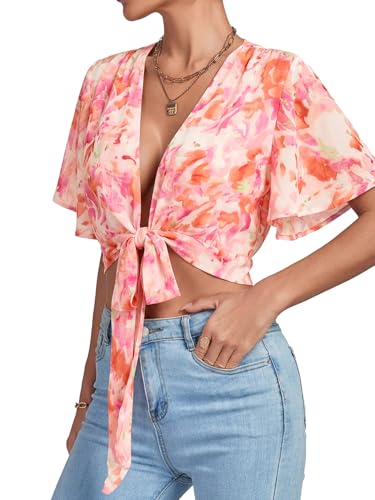 Image of LYANER Women's Sexy Deep V Neck Tie Front Wrap Cropped Blouse Bell Short Sleeve Ruffle Crop Tops