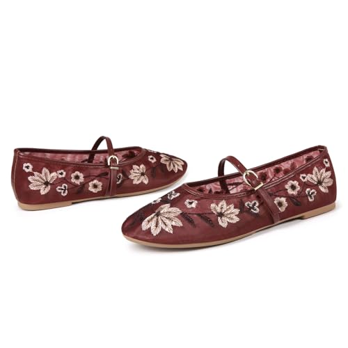 Image of MRKEWUNEY Mesh Ballet Flats for Women Embroidered Floral Round Toe Mary Jane