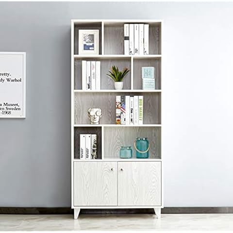 Mixcept Modern Bookcase with 2 Doors 68" Tall Storage Cabinet Wooden Bookshelf with 7 Compartments for Home Office, White Wash Cover