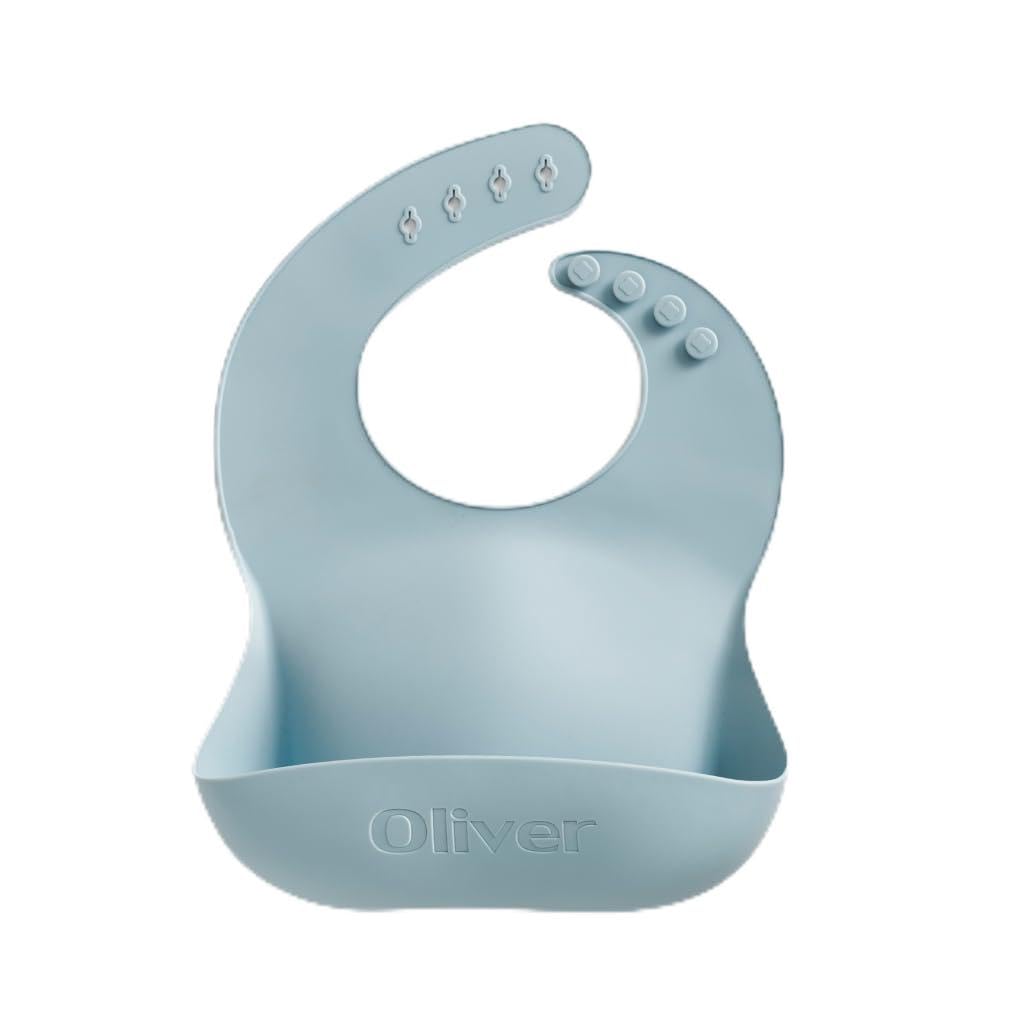 Personalised Silicone Baby Bibs with Wide Lip and Adjustable Neck, BPA Free (Raindrop Blue)