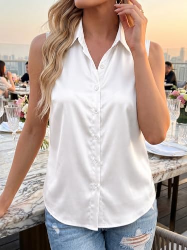 Image of Cicy Bell Womens Summer Satin Tank Tops Silky Casual Dressy V Neck Sleeveless Button Down Shirts Loose Fit Work Blouses