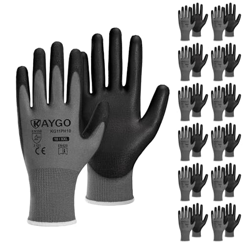 Image of KAYGO Work Gloves for Men and Women, 12 Pairs Seamless Knit PU Coated Safety Gloves, with Smooth Grip on Palm and Fingers, Ideal for Light Warehouse, Manufacturing, Gardening, KG11P (XL,Gray)