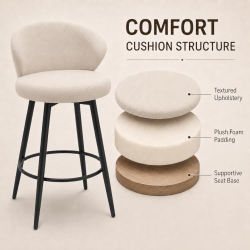 Image of Bar Stools Set of 3, 360 Swivel Breathable Fabric Kitchen Counter Height Stools, 26 inch Upholstered Bar Chair for Kitchen Islands, Restaurant, Ivory