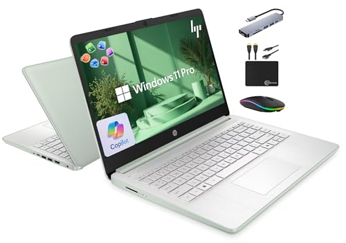 HP 14" Laptop 2025 Business Student Slim Computer, Lifetime MS Office, Copilot AI, Quad-Core Intel CPU, 16GB RAM, 628GB Storage (128GB UFS+500GB Ext), MarxsolAccessory, Wi-Fi 6, Win 11 Pro, Green