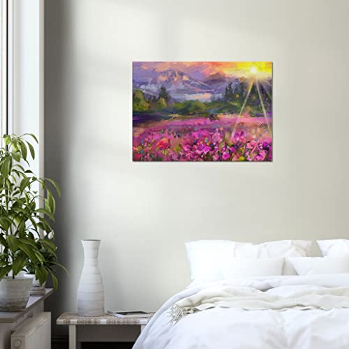 Champs de fleurs lilas toile encadrée pour un salon apaisant