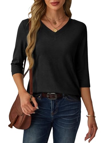 3/4 Length Sleeve Womens Tops V Neck Casual Tunic Loose Fit Basic Shirts Trendy Tops for Women 20254