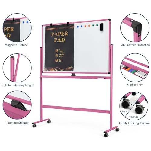 Image of Large Dry-Erase Rolling Magnetic Whiteboard - 48 x 32 Inches Dry Erase Board with Stand Height Adjust Double Sides Mobile White Board Easel on Wheels with 25 Sheets Paper Pad Office, Home & Classroom