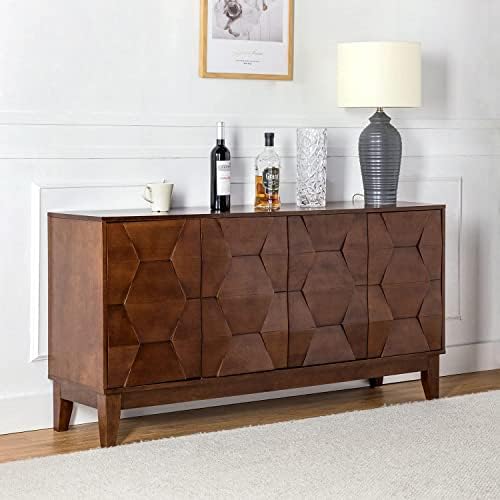 HULALA HOME Modern Sideboard Buffet Cabinet with Solid Wood Legs, 60" Kitchen Storage Cabinet Credenza with 4 Doors and 2 Interior Shelves, Accent Console Table for Dining Room and Living Room, Walnut