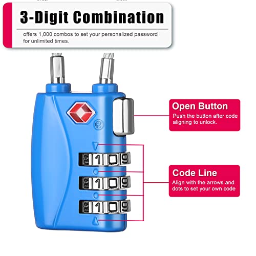 Image of ZHEGE TSA Cable Luggage Lock 3 Digit Combination Padlock with Alloy Body for Suitcase, Baggage, Backpack, Pistol Case (2 Pack, Blue)